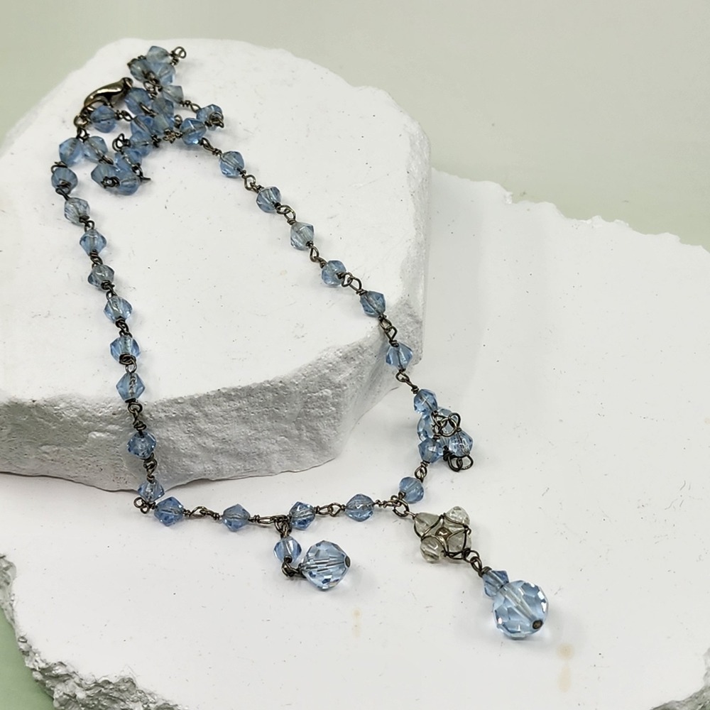 Light Blue Faceted Glass Bead Y Necklace Dangle Drop Antiqued Silver Boho Gift